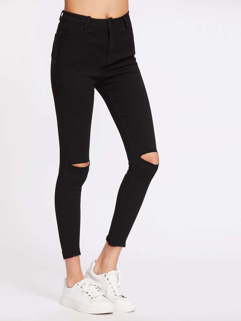 

Knee Cut Frayed Hem Skinny Jeans, Black