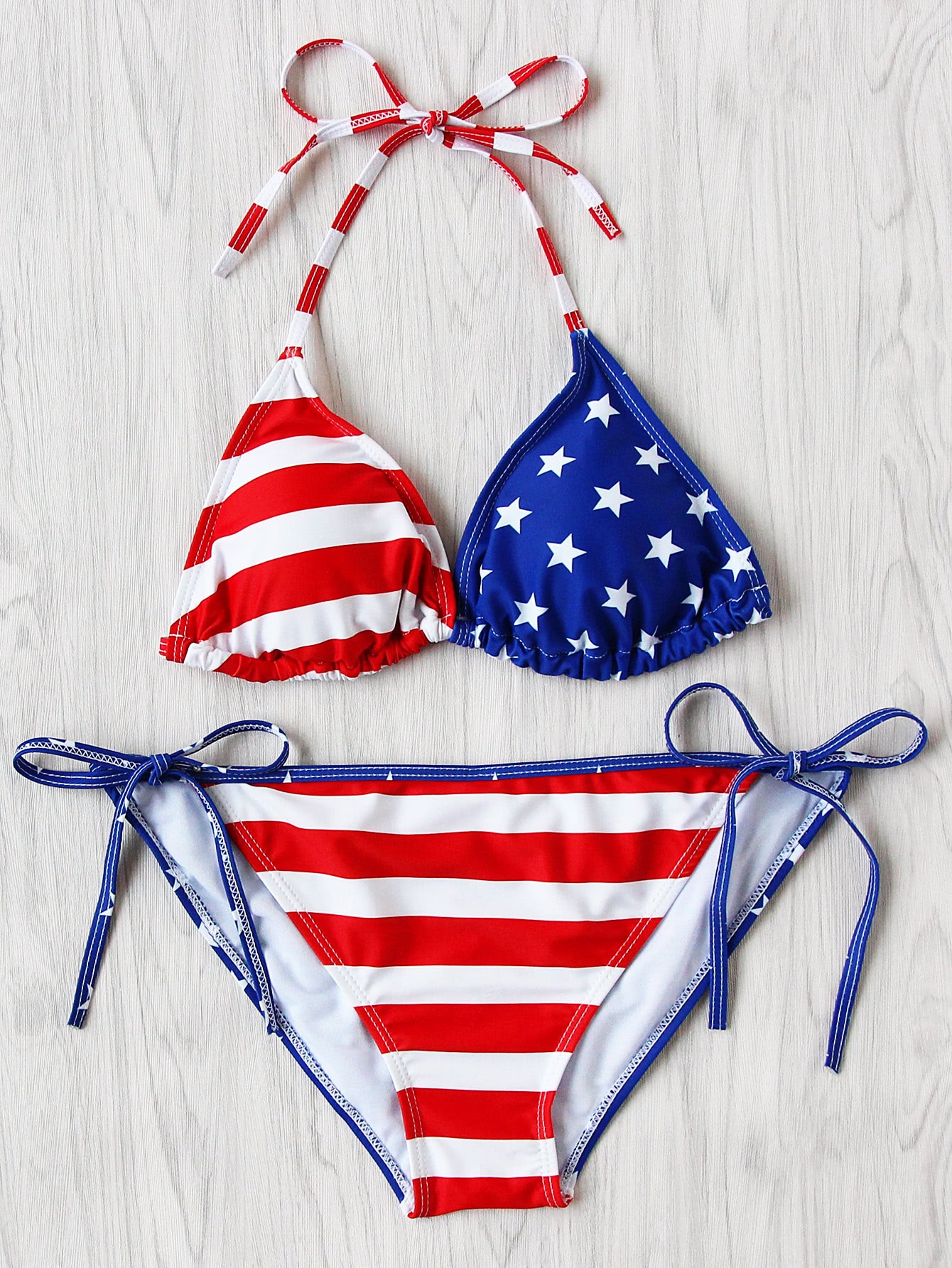 American Flag Print Side Tie Bikini SetFor Women-romwe