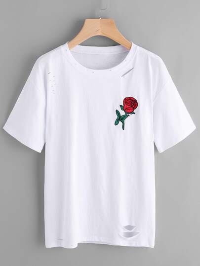 Rose Embroidered Ripped Long Tee