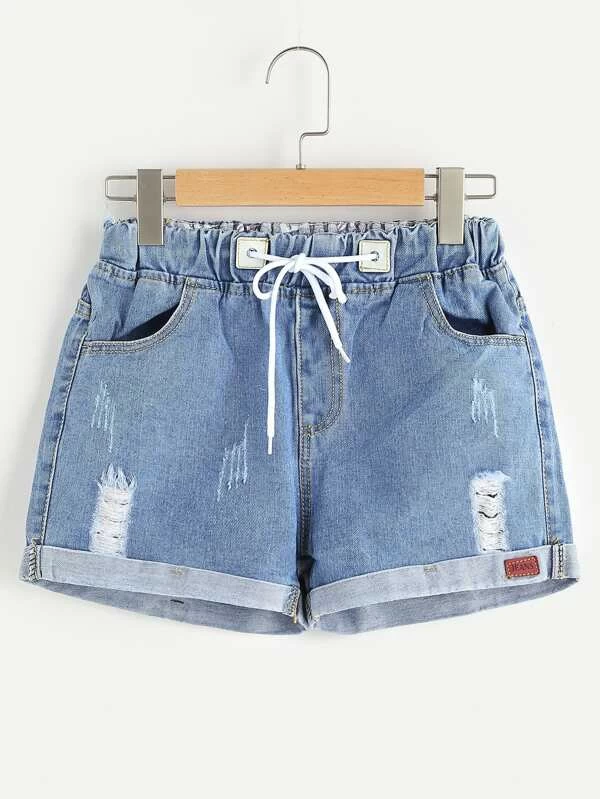 distressed drawstring denim shorts