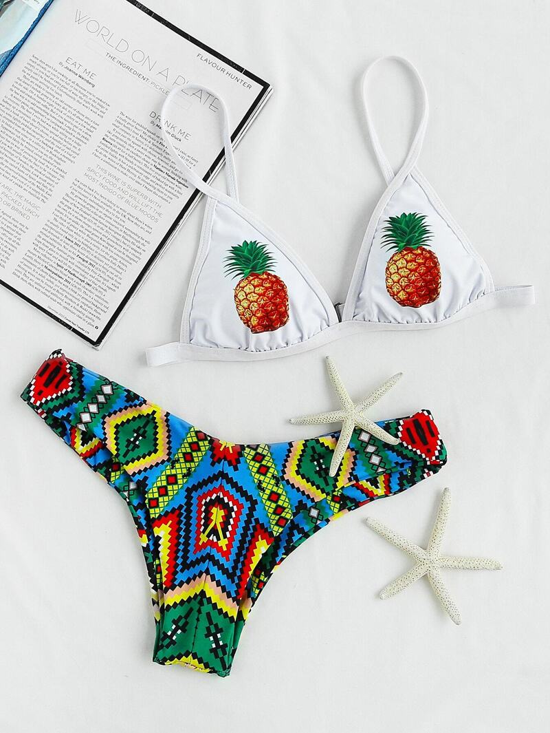 

Pineapple & Geometric Print Mix & Match Bikini Set, White