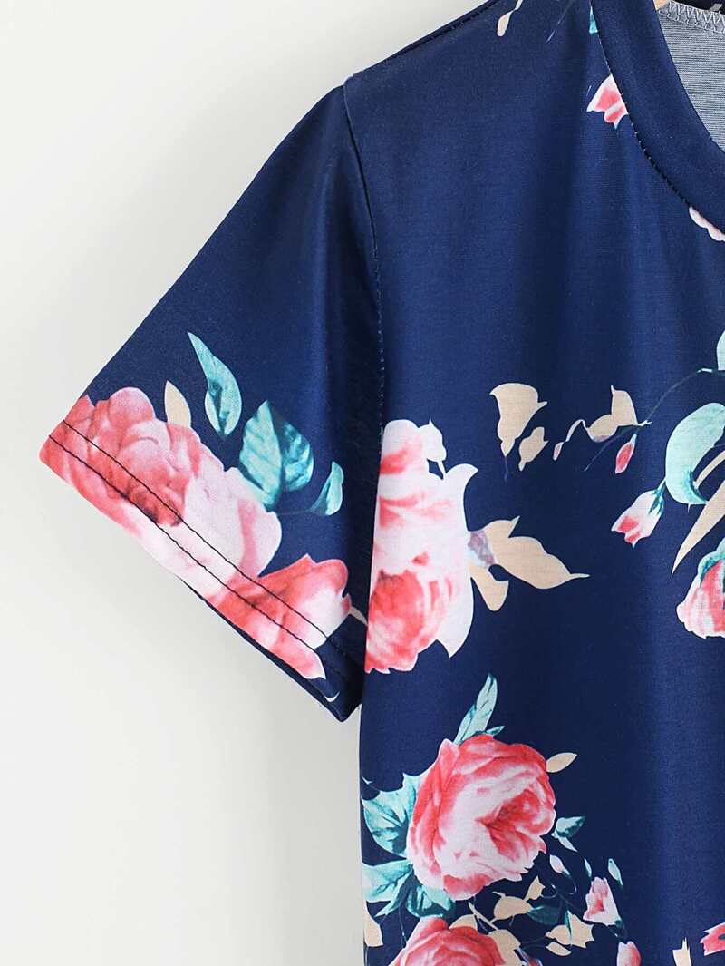 

Florals Curved Hem Tee, Navy