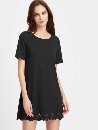 Romwe Womens Plus Laser Cut Out Solid Scallop A-line Dress