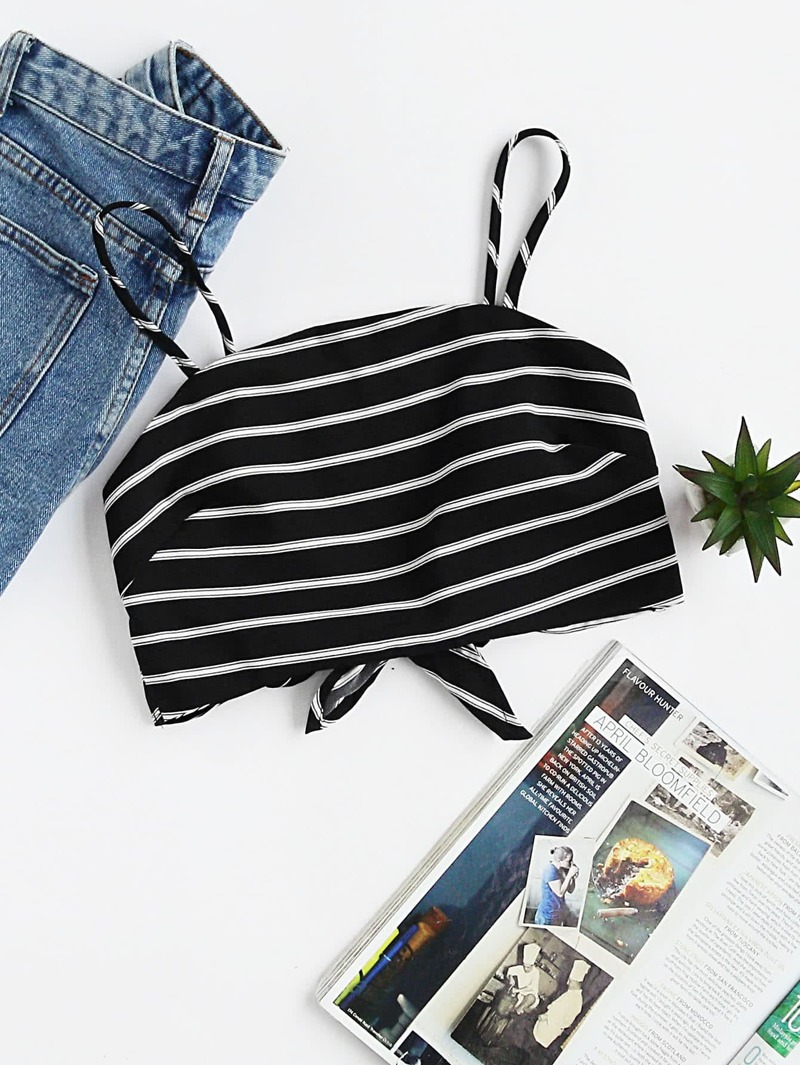 

Striped Bow Tie Back Crop Cami Top, Black and white