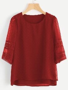 Hollow Out Lace Insert Dobby Chiffon Overlay Blouse