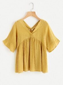 V Neckline Flute Sleeve Pleated Smock Blouse