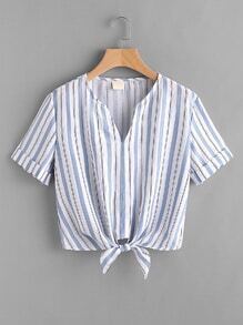 V Neckline Striped Knot Front Cuffed Blouse