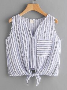 Striped Knot Front Top With Chest Pocket