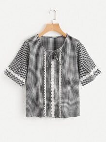 Gingham Print Self Tie Neck Lace Trim Blouse