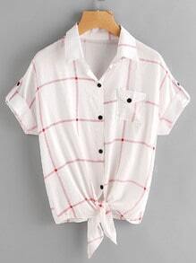 Checked Knot Front Cuffed Shirt With Chest Pocket