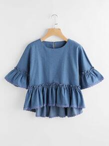 Fluted Sleeve Lace Hem Frill Chambray Blouse