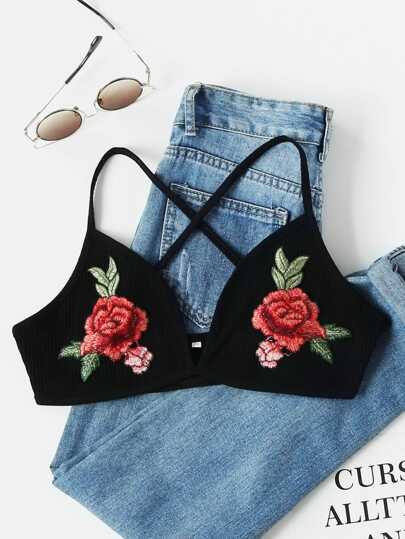 Rose Applique Criss Cross Back Ribbed Bralet