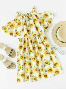 Open Shoulder Floral Print Random Layered Dress