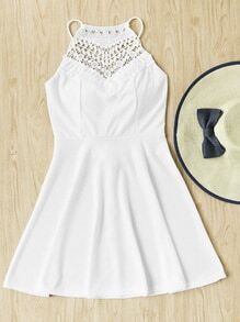 Lace Panel Lace Up Back Flare Dress