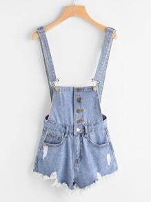 Destroyed Fray Hem Single Breasted Denim Dungaree Shorts