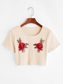 Rose Embroidered Applique Ribbed Tee