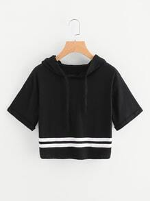 Hooded Slogan Print Back Striped Tee