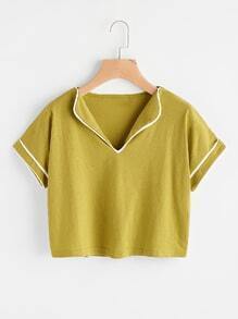Fold Over Neck Contrast Trim Tee