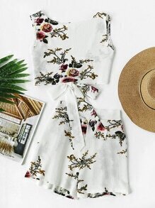 Floral Print Random V Back Tie Multiway Top With Shorts