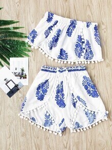 Printed Random Pom Pom Trim Bandeau Top With Shorts