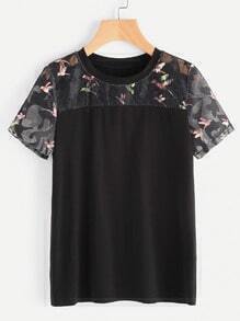 Bird Print Mesh Yoke T-shirt