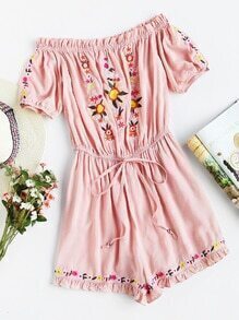 Frill Trim Drawstring Waist Embroidered Bardot Playsuit