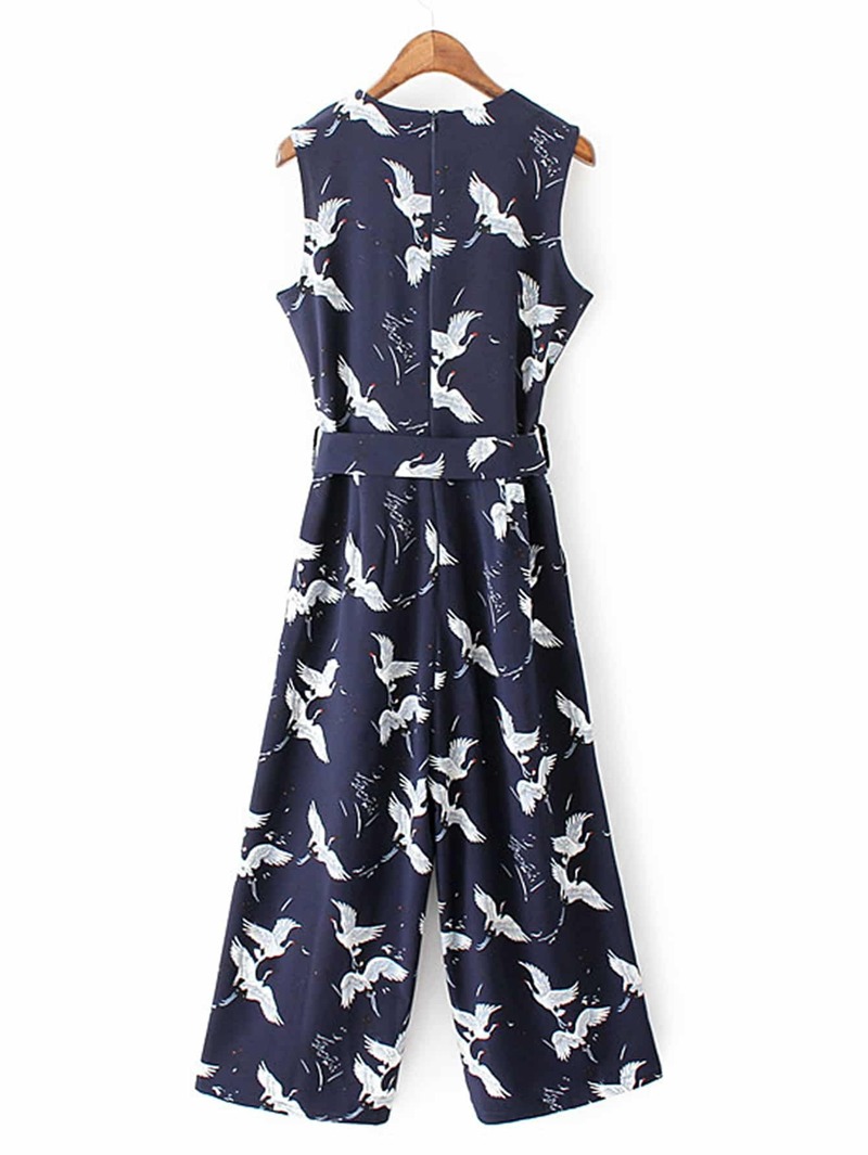 

Cranes Print Tie Waist Zipper Back Jumpsuit, Multicolor