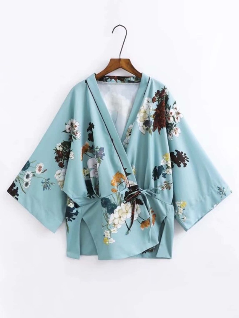 

Split Side Tie Waist Floral Kimono, Blue